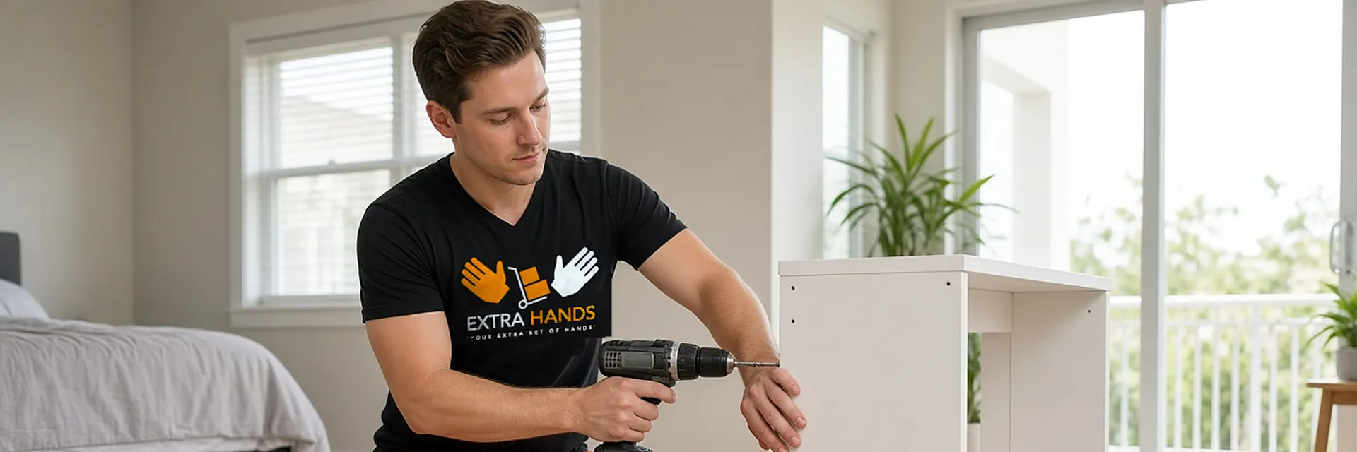 A mover using a power drill on furniture in a bright bedroom
