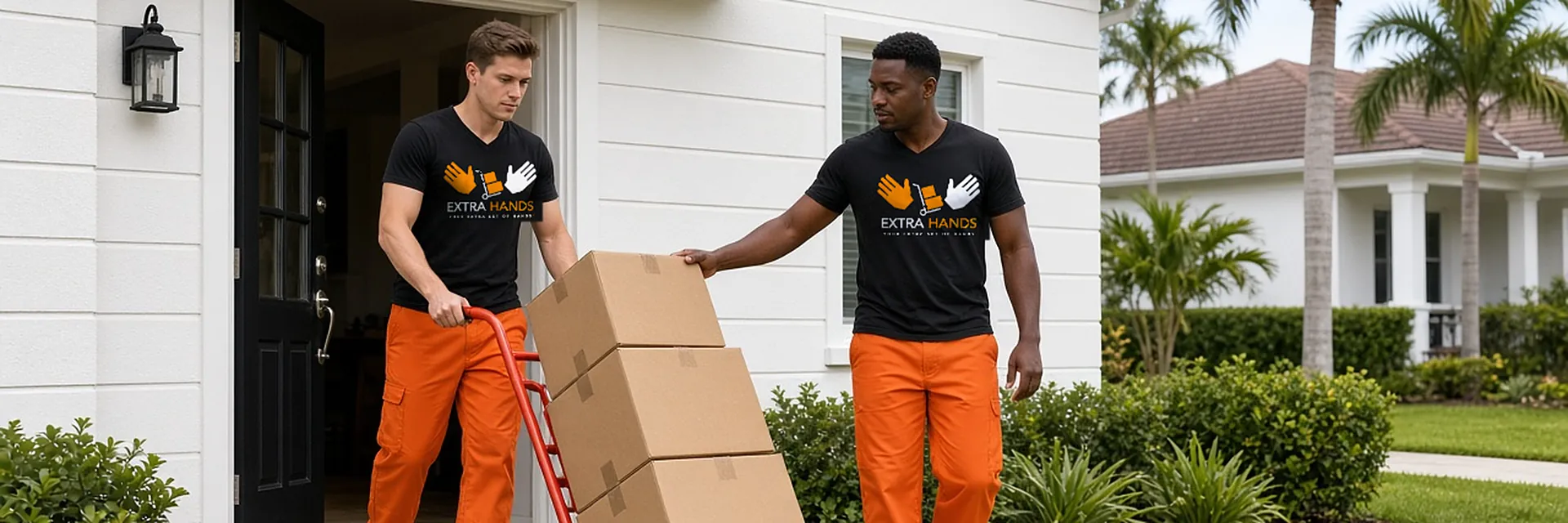 Two movers wheeling a stack of boxes on a hand truck outside a house with palm trees