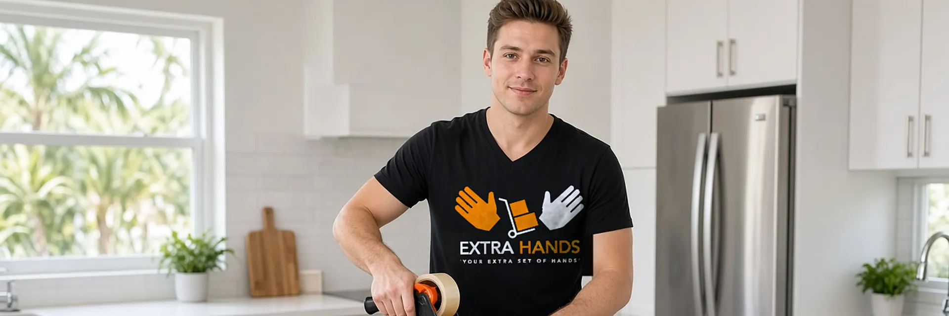 A mover taping a box in a bright kitchen