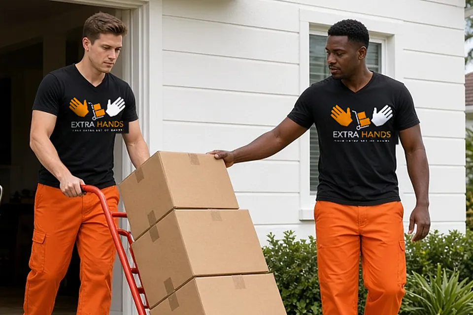 Movers with a hand truck stacked with boxes
